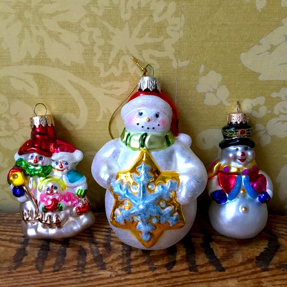 Set of 3 Glass Snowmen Christmas Ornaments